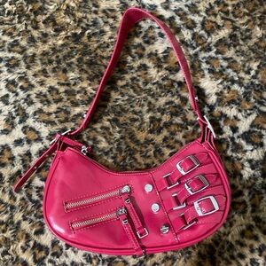 Trendy Pink Shoulder Bag with Buckle Accents